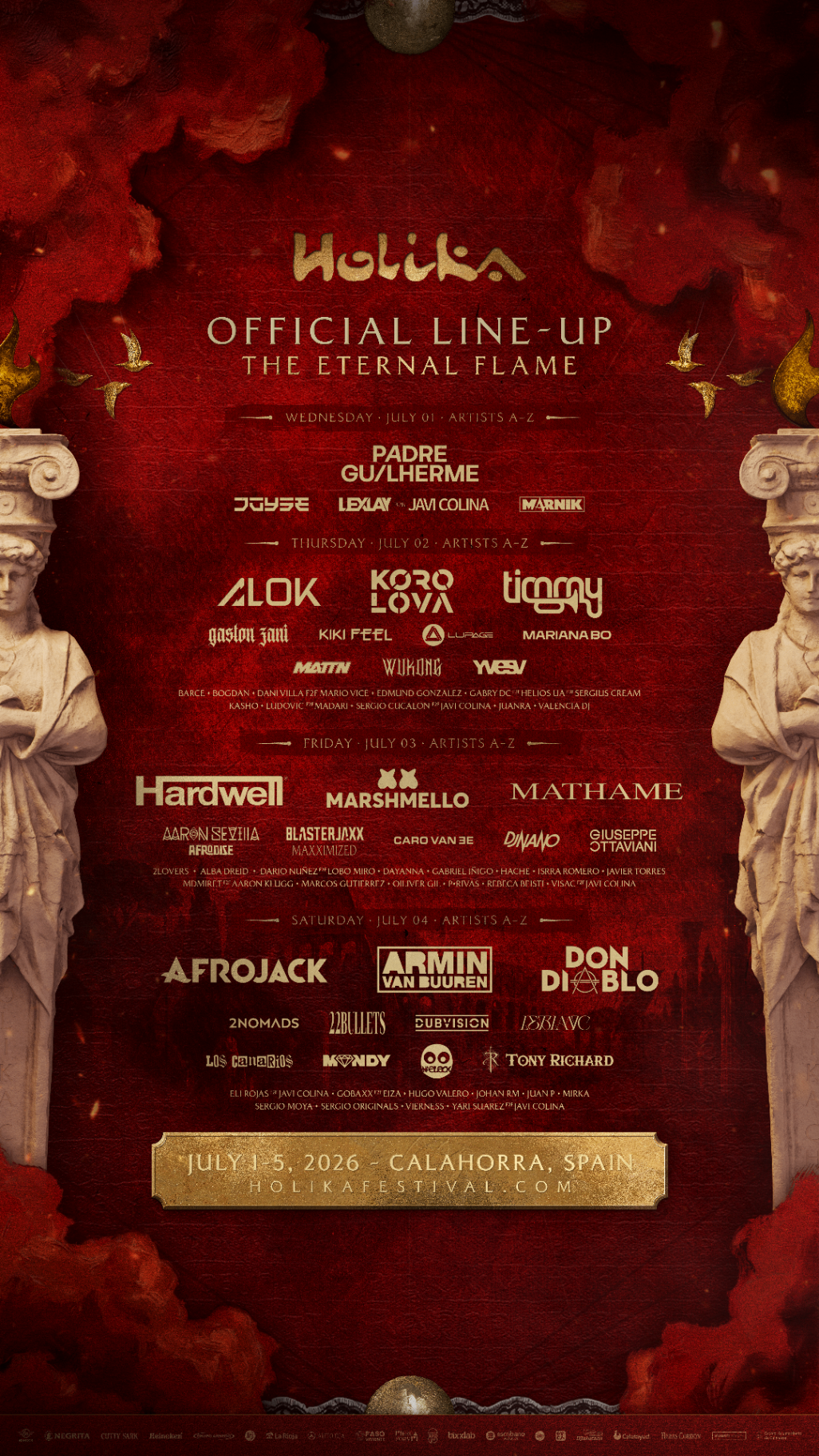 Cartel oficial Holika Festival 2026 — line-up por días